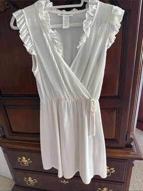 Caution To The Wind Dress - Cream Ruffled Wrap-Style Midi Dress